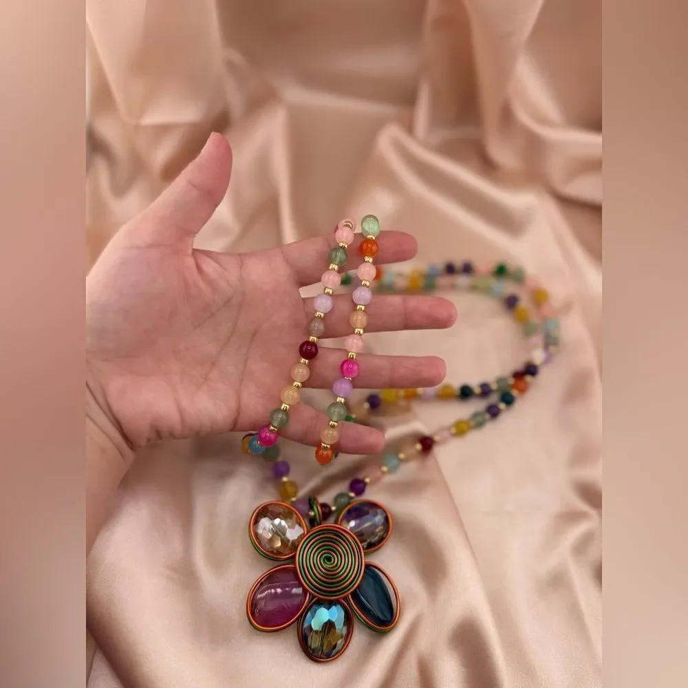 Rainbow Beaded Flower Pendant Necklace – Bold, Colorful & Totally Joyful